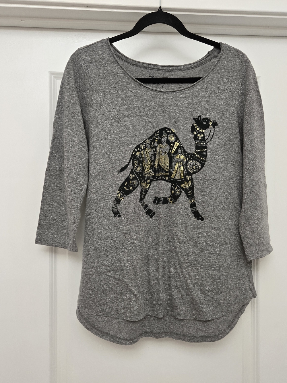 Lucky Brand Gray Long Sleeve Tee with Black & Gold Camel Graphic